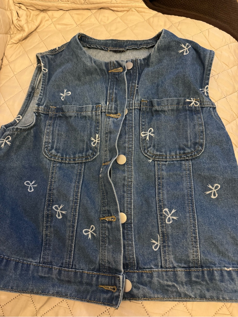 NWOT SHEIN Blue Denim Button-Front Vest with White Bow Embroidery